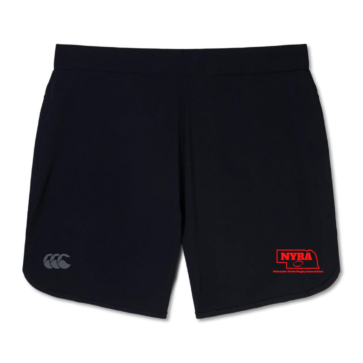 The Nebraska Youth Rugby Association Elite Woven Short by EMB Canterbury features a subtle Canterbury logo on the left leg, a red Nebraska Youth Rugby Association logo on the right, and zippered pockets for secure storage.