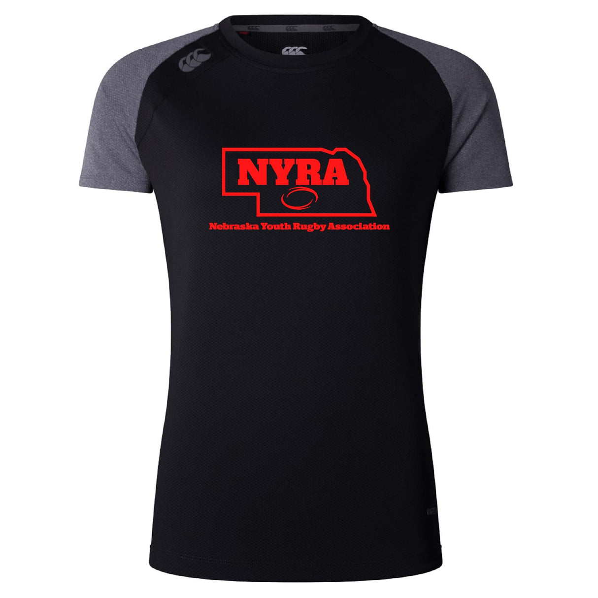 The WRS Canterbury Nebraska Youth Rugby Association Women's Elite Training Tee is a black and dark gray short sleeve shirt with a red NYRA logo, offering lightweight moisture-wicking performance for active days.
