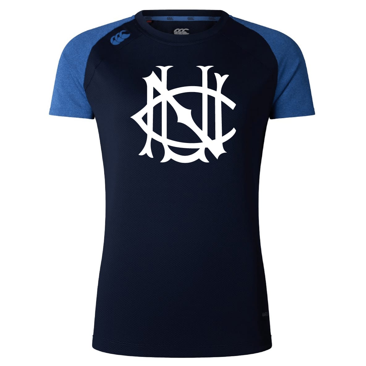The UNC Rugby Women's Elite Training Tee by WRS Canterbury features blue sleeves, a large white interlocking letter logo on the chest, and is made from breathable, lightweight fabric.