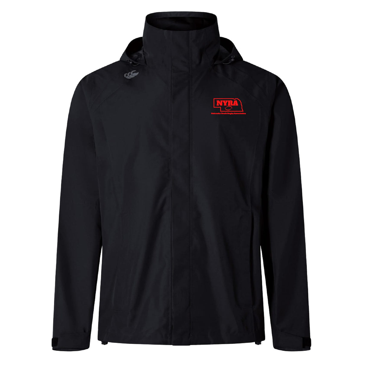 The Nebraska Youth Rugby Association Elite Storm Jacket by EMB Canterbury is a black hooded rain jacket with a red NYRA logo on the left chest, small white logo on the right shoulder, front zipper, and long sleeves. Breathable by Canterbury.
