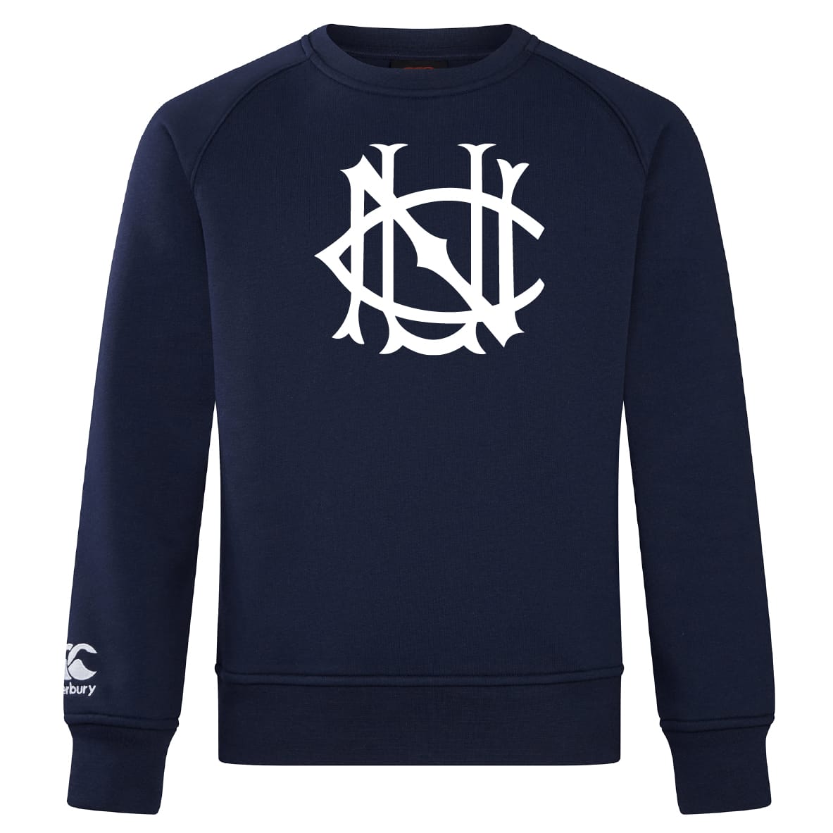 The UNC Rugby Club Crew Sweatshirt by WRS Canterbury is a navy blue crew with a bold white chest logo and a small CCC logo on the lower left sleeve, offering ultra-soft comfort and iconic style.