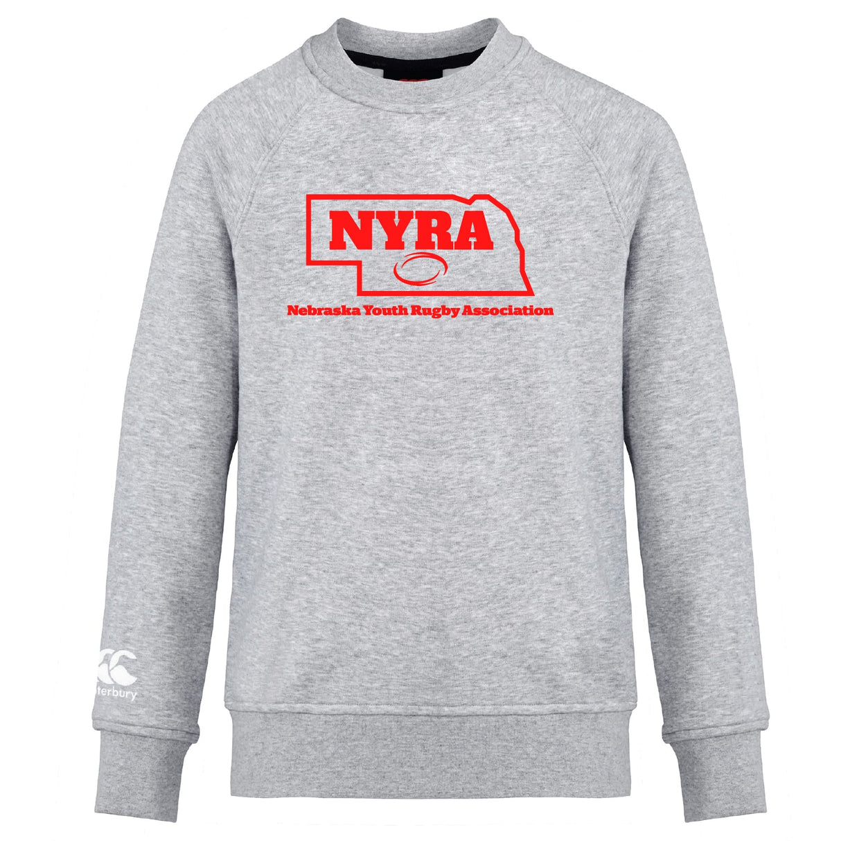 The Nebraska Youth Rugby Association Club Crew Sweatshirt by WRS Canterbury is an ultra-soft gray sweatshirt with a red "NYRA" logo, Nebraska outline, “Nebraska Youth Rugby Association” text, and an embroidered CCC logo on the front.