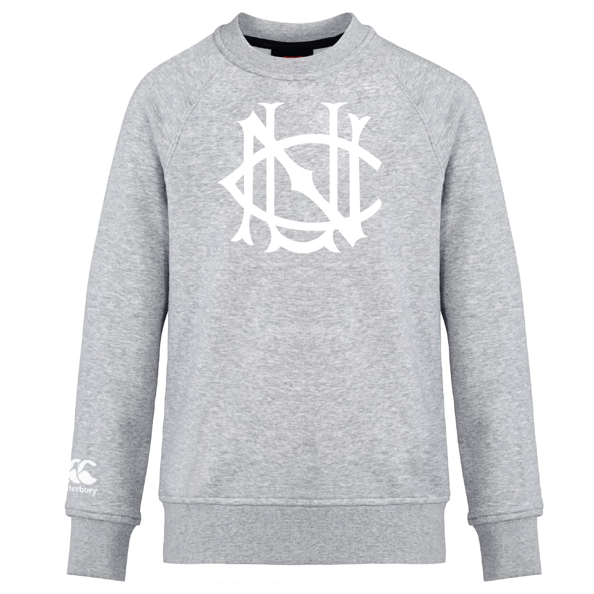 The UNC Rugby Club Crew Sweatshirt by WRS Canterbury features a large white embroidered CCC logo on the chest and a small white Canterbury logo on the left sleeve. This ultra-soft, light grey sweatshirt offers comfort and classic style.