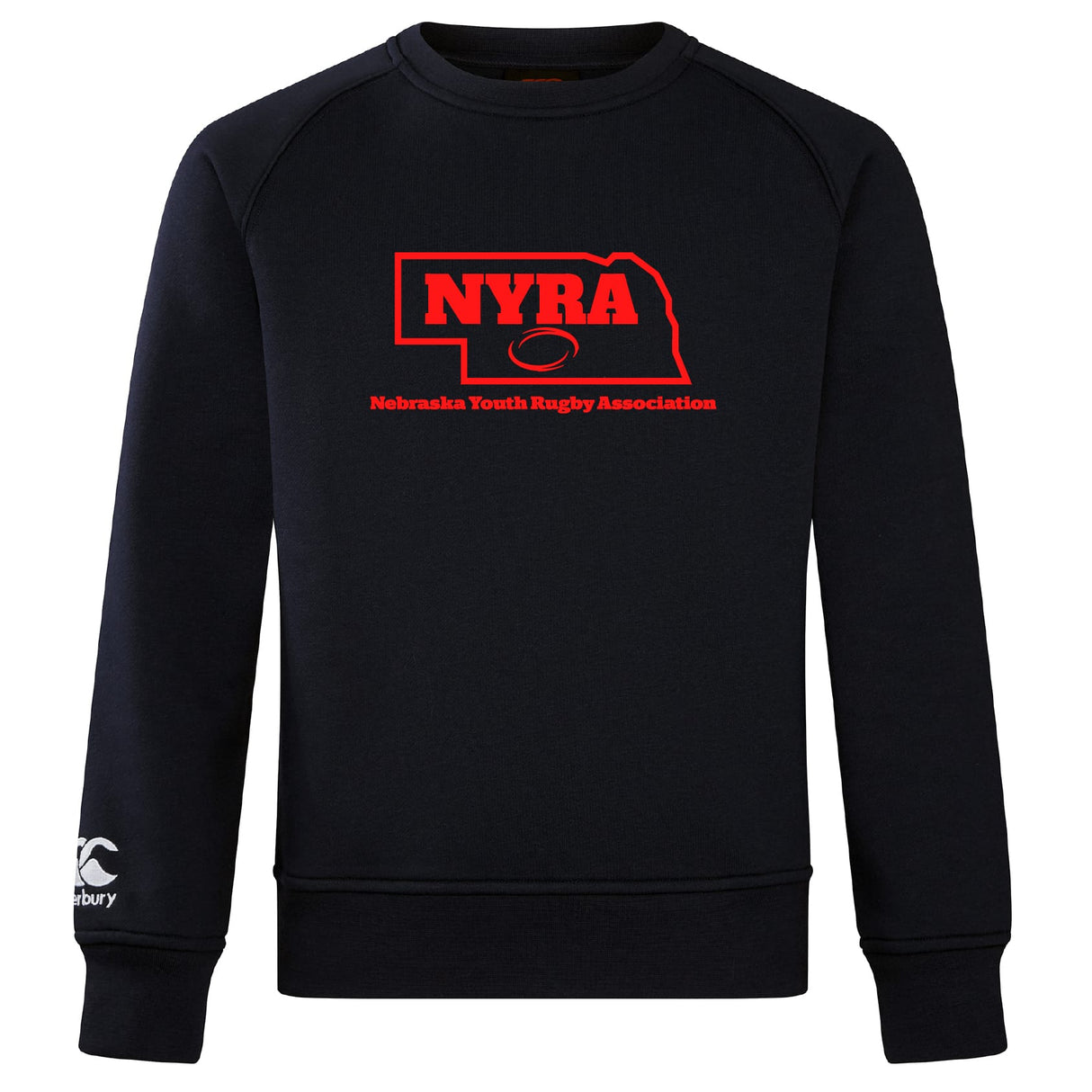 The Nebraska Youth Rugby Association Club Crew Sweatshirt by Canterbury features a black ultra-soft fabric, red NYRA logo with football and Nebraska outline on the chest, plus an embroidered CCC logo—classic WRS Canterbury style.
