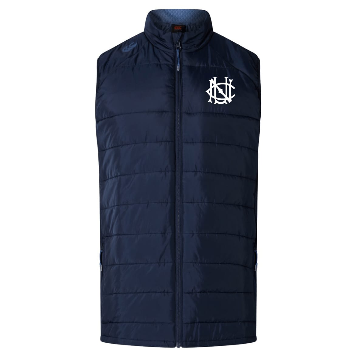 Stay warm in the UNC Rugby Elite Microlite Gilet by EMB Canterbury—a navy insulated vest with front zipper and a white interlocking letter logo on the left chest, inspired by classic Canterbury design.