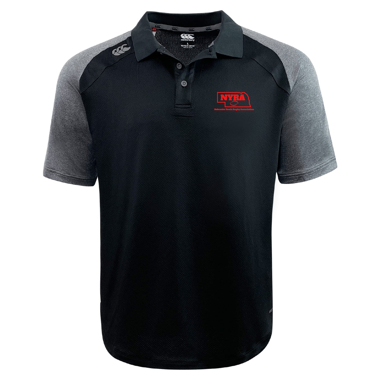 Nebraska Youth Rugby Association Elite Polo by EMB Canterbury, in black and gray with a red NYRA logo on the left chest and Canterbury logo on the right shoulder. Made with advanced Vapodri fabric for comfort.