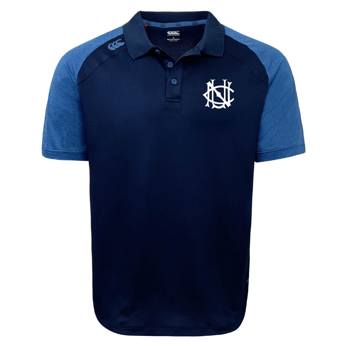 The UNC Rugby Elite Polo by EMB Canterbury features blue and black Vapodri fabric for superior moisture wicking.