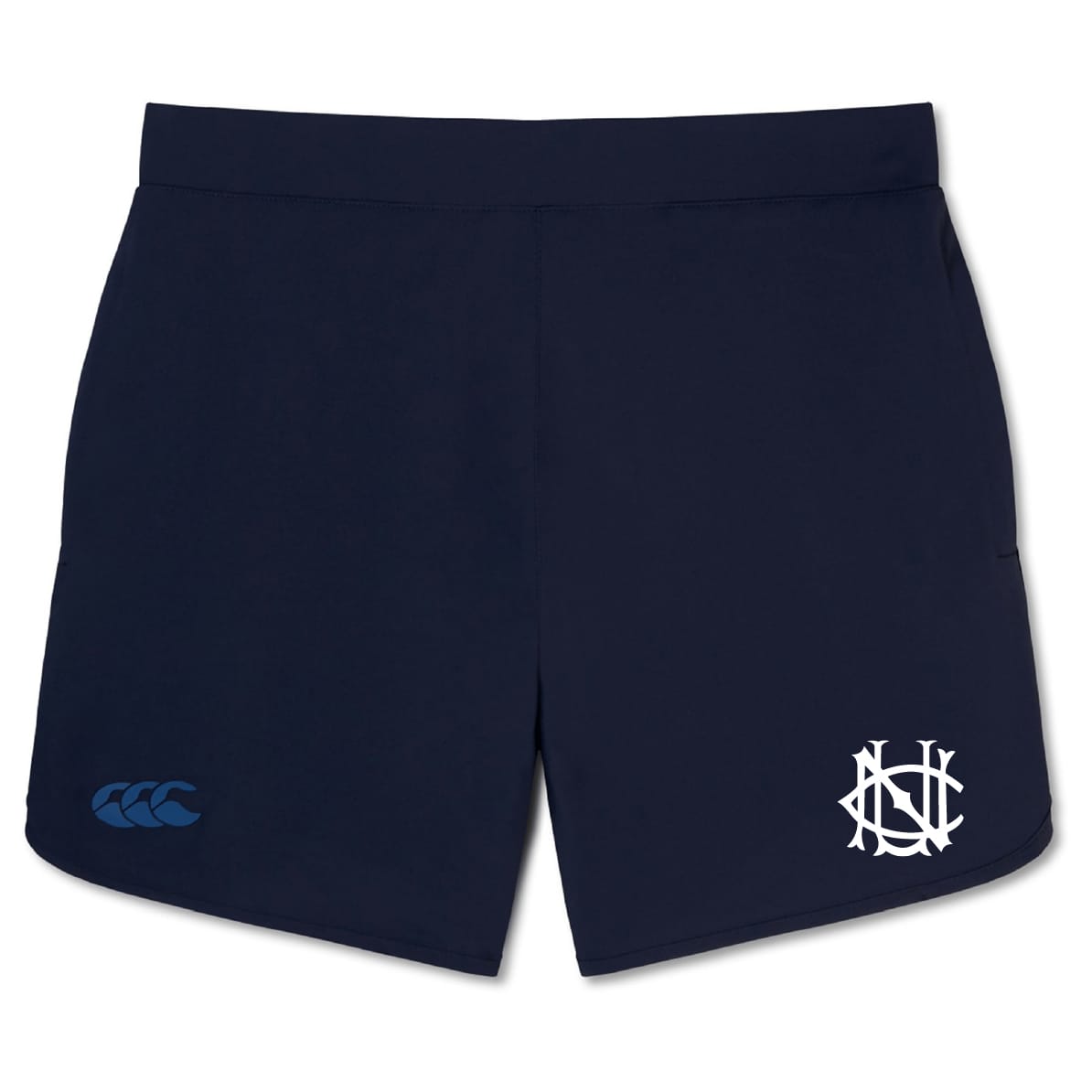 The UNC Rugby Women's Elite Woven Short by EMB Canterbury features zippered pockets, a white embroidered logo on the right leg, and a blue brand logo on the left. These navy blue gym shorts are designed for women.