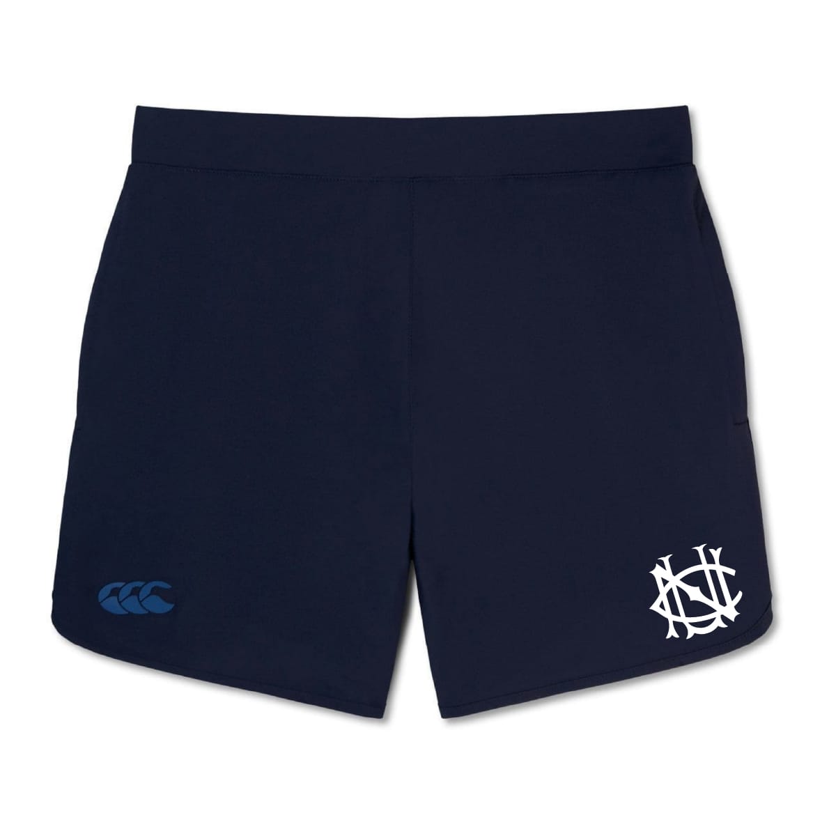 The UNC Rugby Elite Woven Short by EMB Canterbury features a white NSW logo on the right leg, blue Canterbury logo on the left, and zippered pockets—ideal for training sessions.