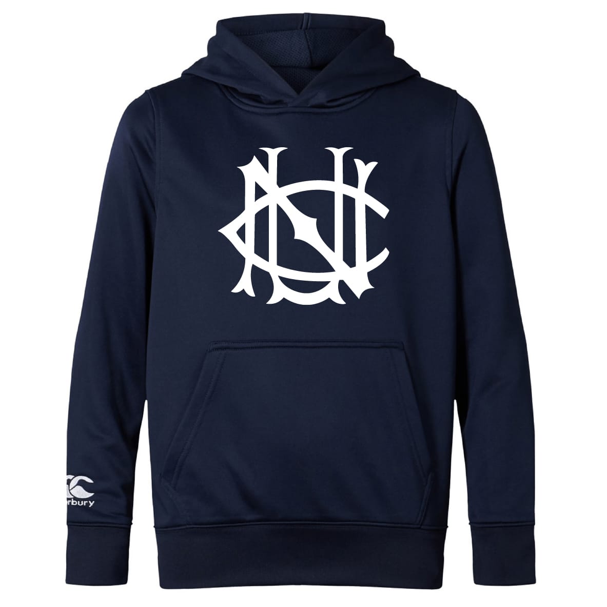The UNC Rugby Club Lightweight Hoodie by WRS Canterbury features a navy blue design, bold white geometric logo on the chest, subtle branding on the sleeve, and a convenient kangaroo pocket.