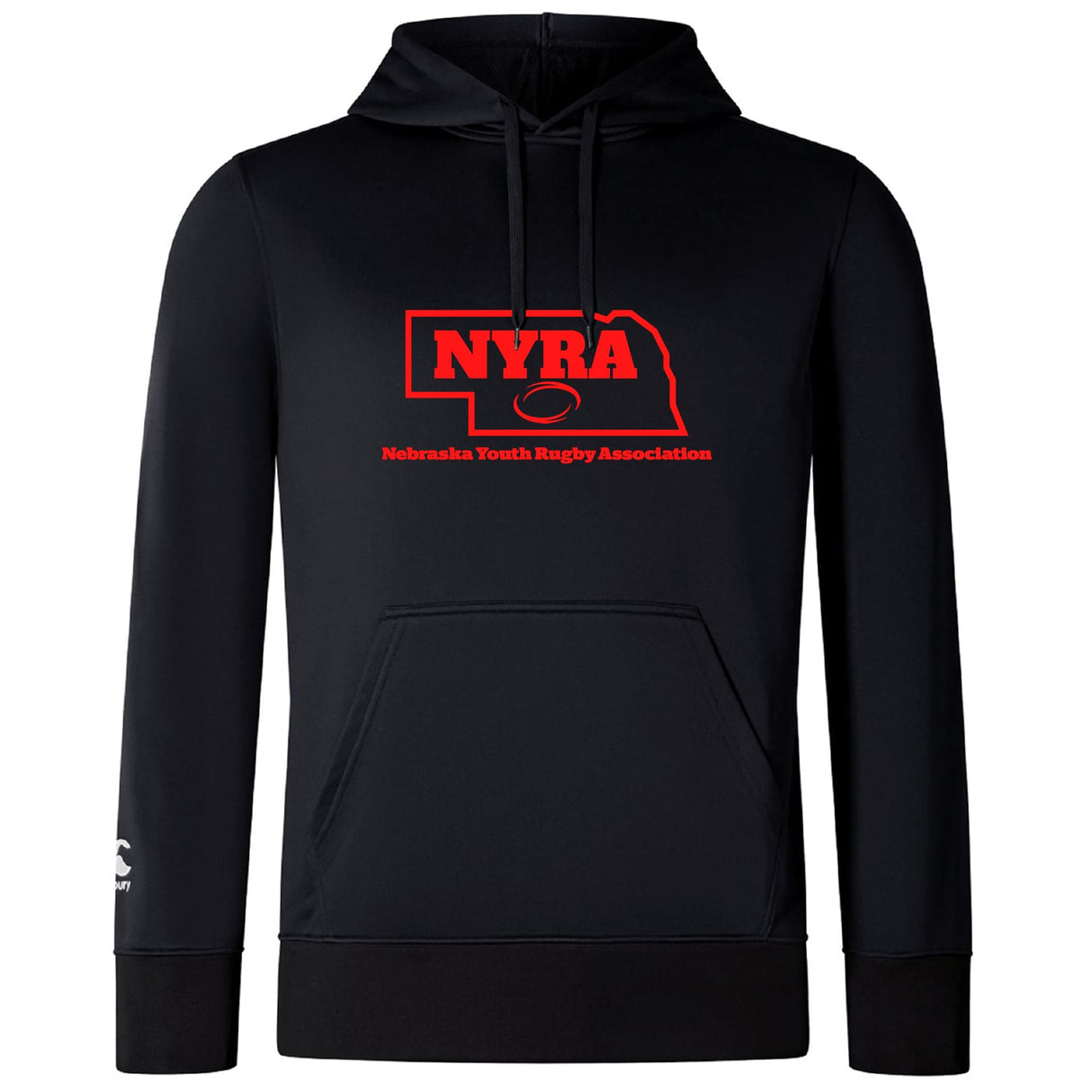 The Nebraska Youth Rugby Association Club Lightweight Hoodie by WRS Canterbury features a red outlined Nebraska, "NYRA" text, "Nebraska Youth Rugby Association" on the chest, and a comfy kangaroo pocket.