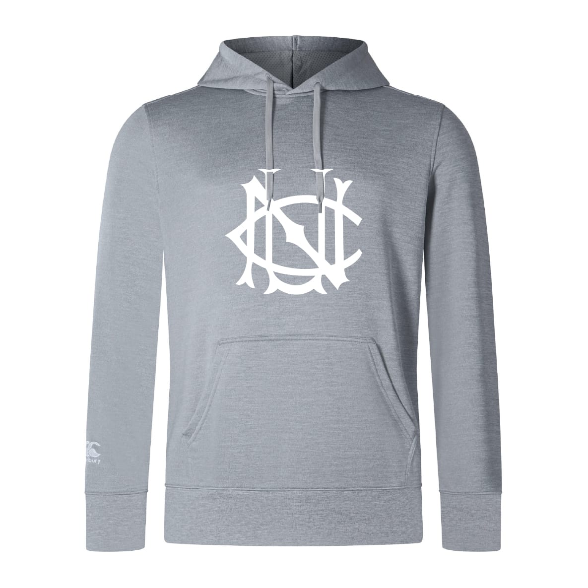 The UNC Rugby Club Lightweight Hoodie by WRS Canterbury features a large white stylized front logo, a small left sleeve logo, and a comfy kangaroo pocket in light gray.