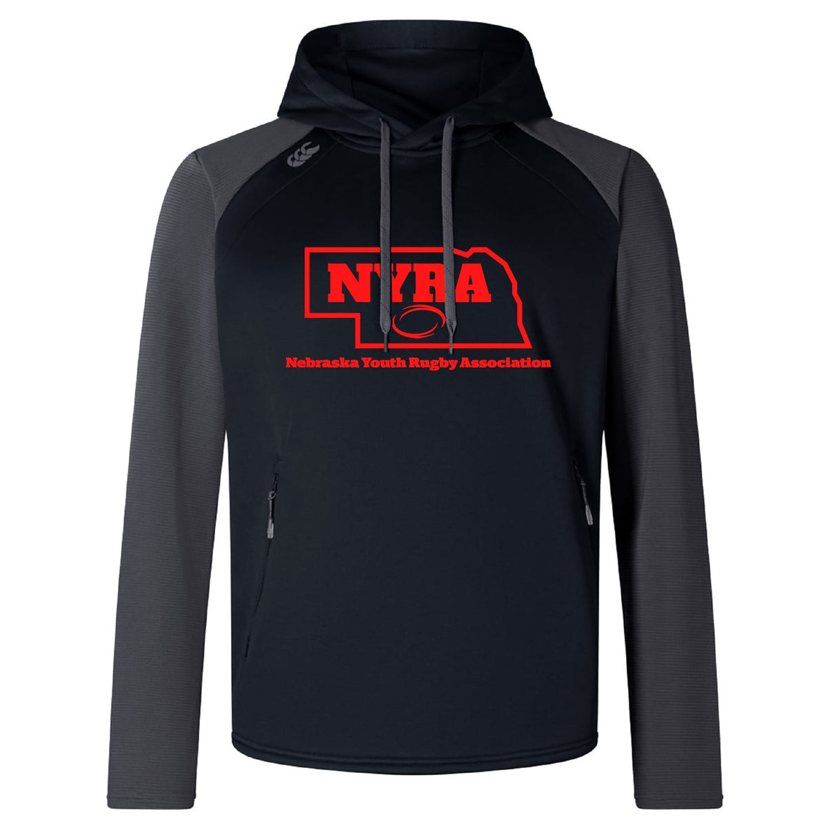 The WRS Canterbury Nebraska Youth Rugby Association Elite Training Hoody features "NYRA" and "Nebraska Youth Rugby Association" in red with a Nebraska outline and rugby ball graphic—ideal as a premium training hoody for athletes.