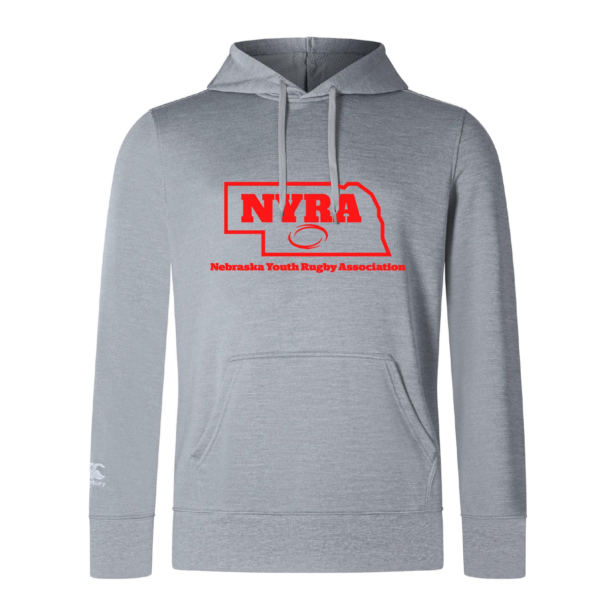 The Nebraska Youth Rugby Association Club Lightweight Hoodie by Canterbury from WRS Canterbury features a light gray design, red rugby ball logo on the front, and a handy kangaroo pocket.