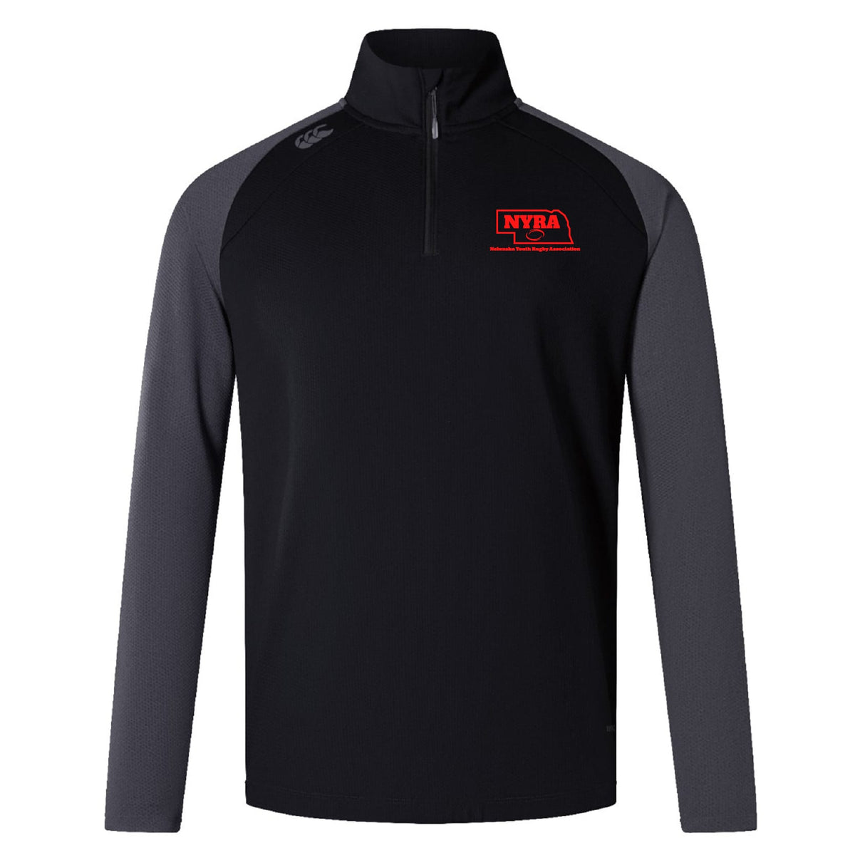 The Nebraska Youth Rugby Association Elite First Layer by EMB Canterbury is a black and gray long-sleeve quarter-zip pullover featuring a red NYRA logo, VapoDri tech for comfort, and a small shoulder logo—ideal training attire.