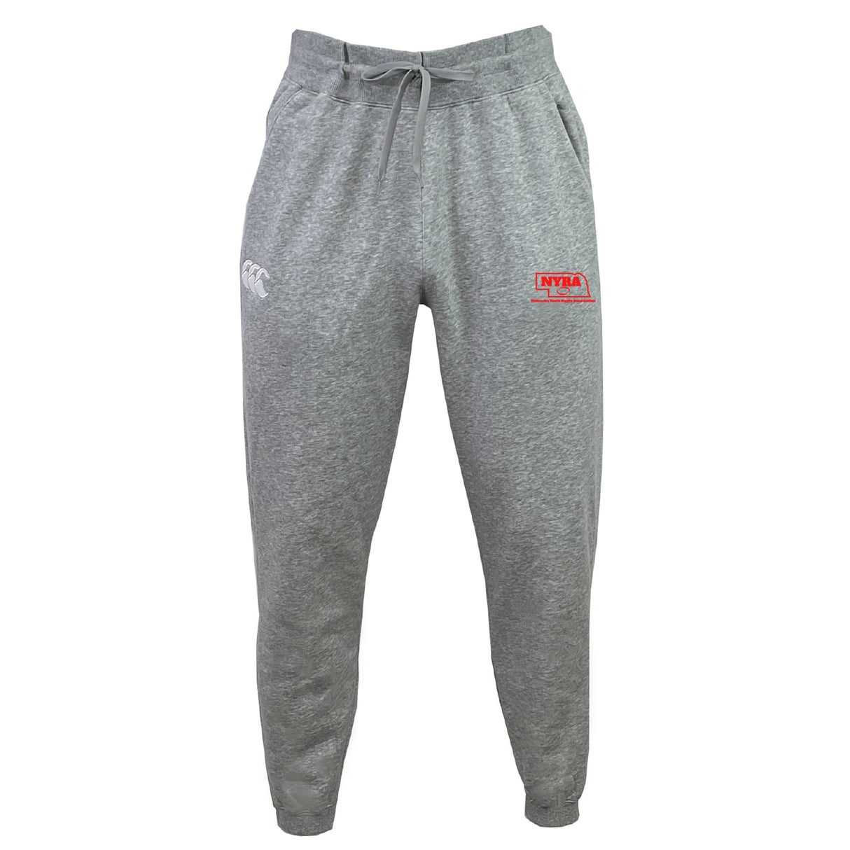 The Nebraska Youth Rugby Association Leisure Sweatpant by EMB Canterbury is crafted from sustainable fleece, featuring an elastic waistband, drawstring, ankle cuffs, and white and red logo prints on the thighs.
