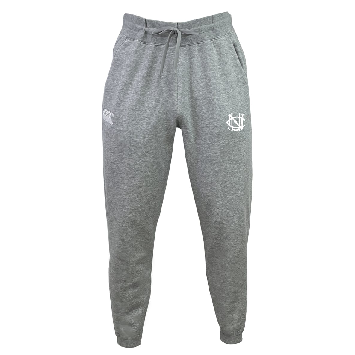 The UNC Rugby Leisure Sweatpant by EMB Canterbury features a sustainable gray design, elastic waistband, drawstring, and white logos on both thighs, shown against a white background.