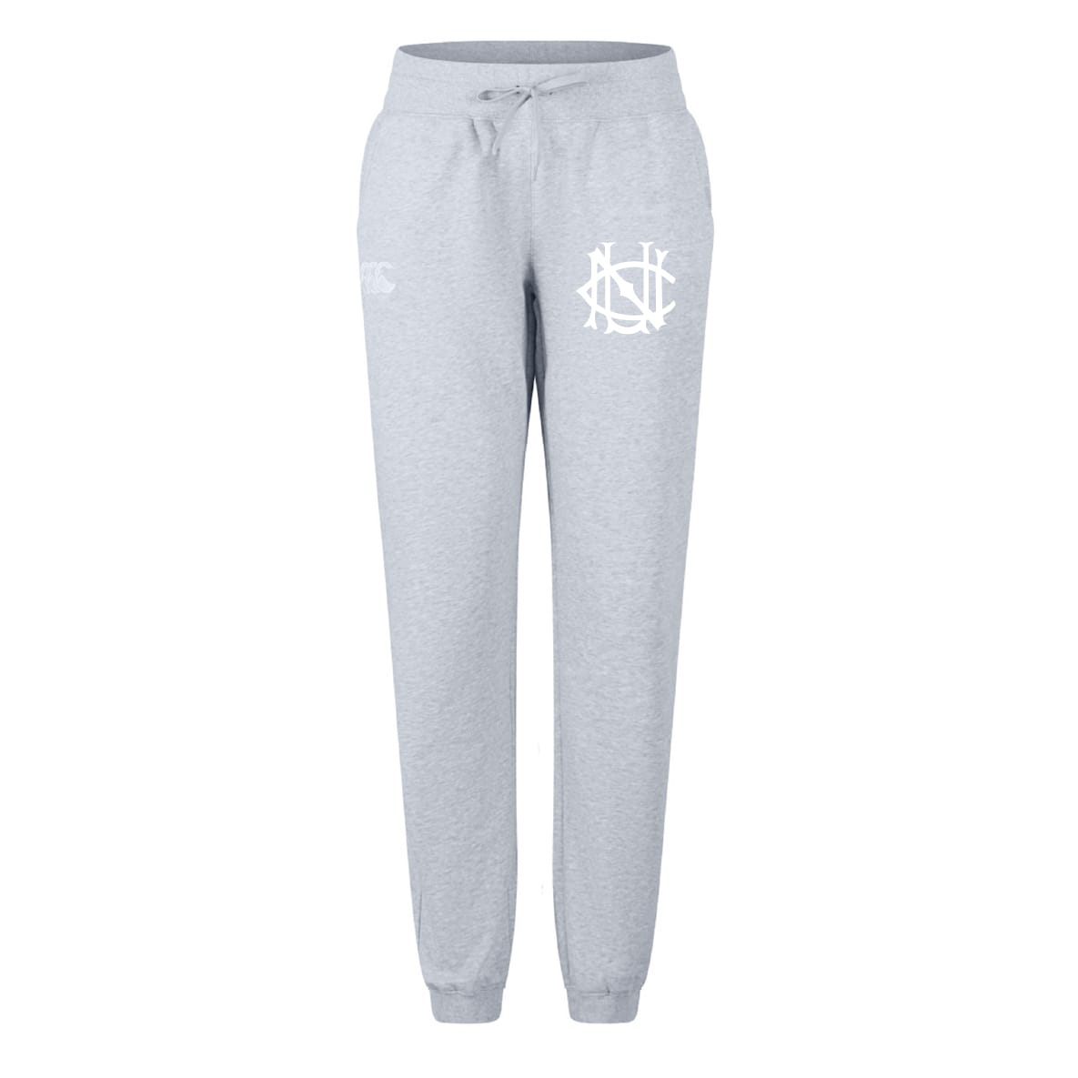 The UNC Rugby Women's Leisure Sweatpant by EMB Canterbury features a light grey design, drawstring waist, and white logo on the left thigh, crafted from soft organic cotton for all-day comfort.