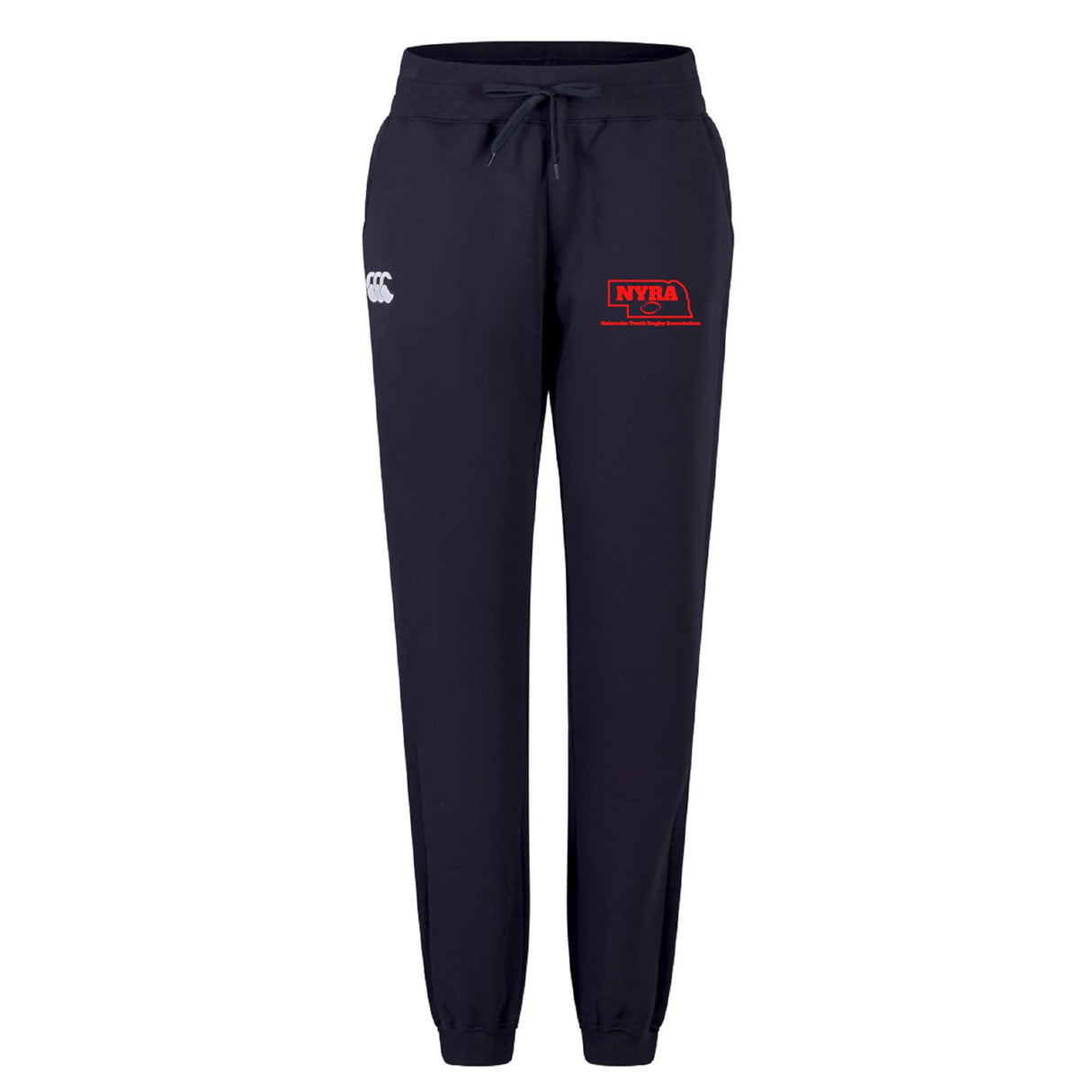 The Nebraska Youth Rugby Association Women's Leisure Sweatpant by EMB Canterbury features a navy blue color, drawstring waist, white Canterbury logo on the left, and red NYRA logo on the right thigh—crafted for comfort.