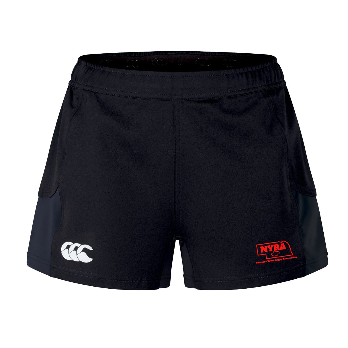 The EMB Canterbury Nebraska Youth Rugby Association Women's Advantage Short 2.0 features a white Canterbury logo on the left leg and a red NYRA logo on the right, shown on a white background as part of Canterbury's sustainable athletic wear line.