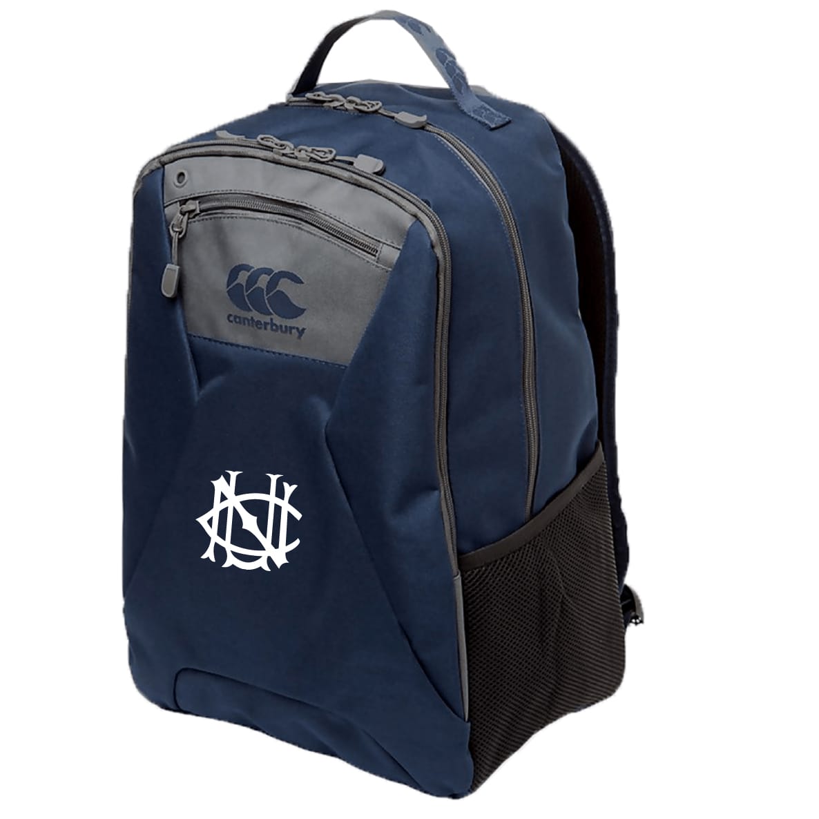 The UNC Rugby Medium Backpack by EMB Canterbury features a navy blue design, white monogram logo on the front pocket, black mesh side pocket, and a padded laptop pocket for extra protection.