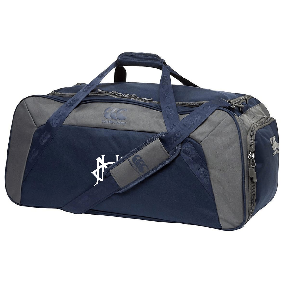 The EMB Canterbury UNC Rugby Holdall Duffle Bag features navy blue and gray water-repellent fabric, zippered compartments, a shoulder strap, and white side logos—ideal for rugby training or travel.