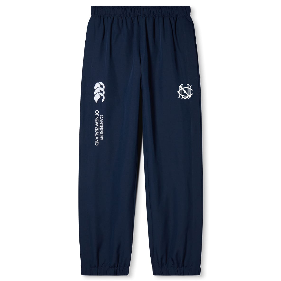 The UNC Rugby Cuffed Hem Stadium Pant by EMB Canterbury features a navy blue design with an elastic waistband, cuffed hems, and white logos on the thighs—ideal comfy rugby pants for sporty style.