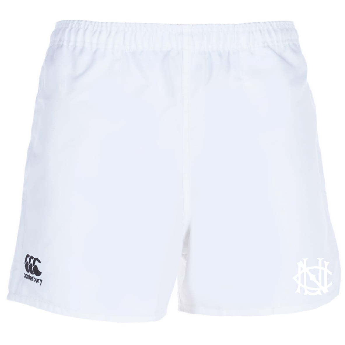 The UNC Rugby Advantage Rugby Shorts by EMB Canterbury are white athletic shorts with an elastic waistband, featuring the CCC Advantage Rugby Shorts logo on the left leg and a white monogram emblem on the right.