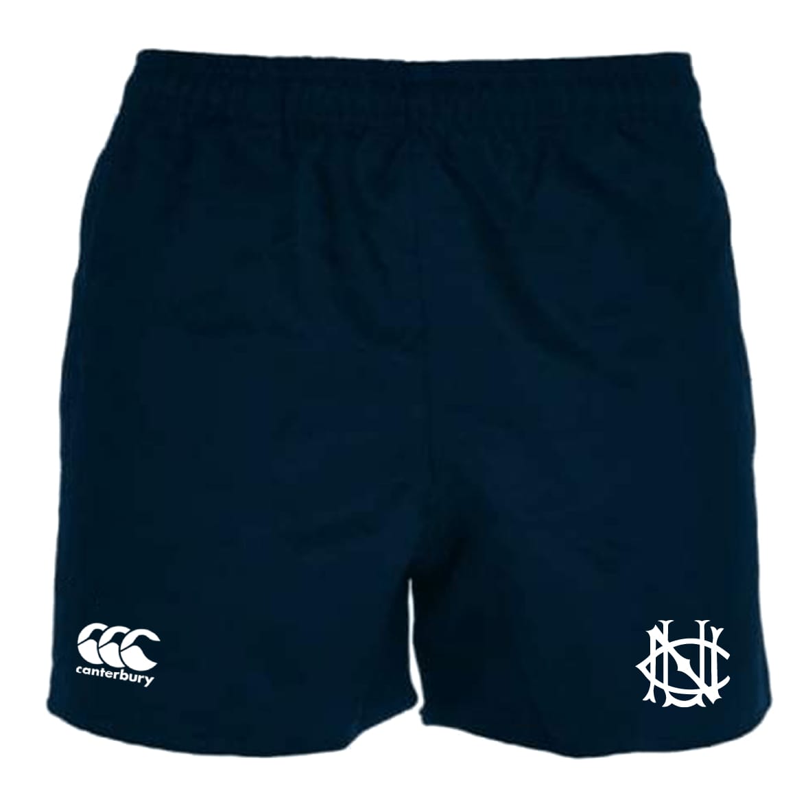 UNC Rugby Advantage Rugby Shorts by EMB Canterbury in navy blue, featuring a white CCC Advantage Rugby Shorts logo on the left leg and a white monogram logo on the right.