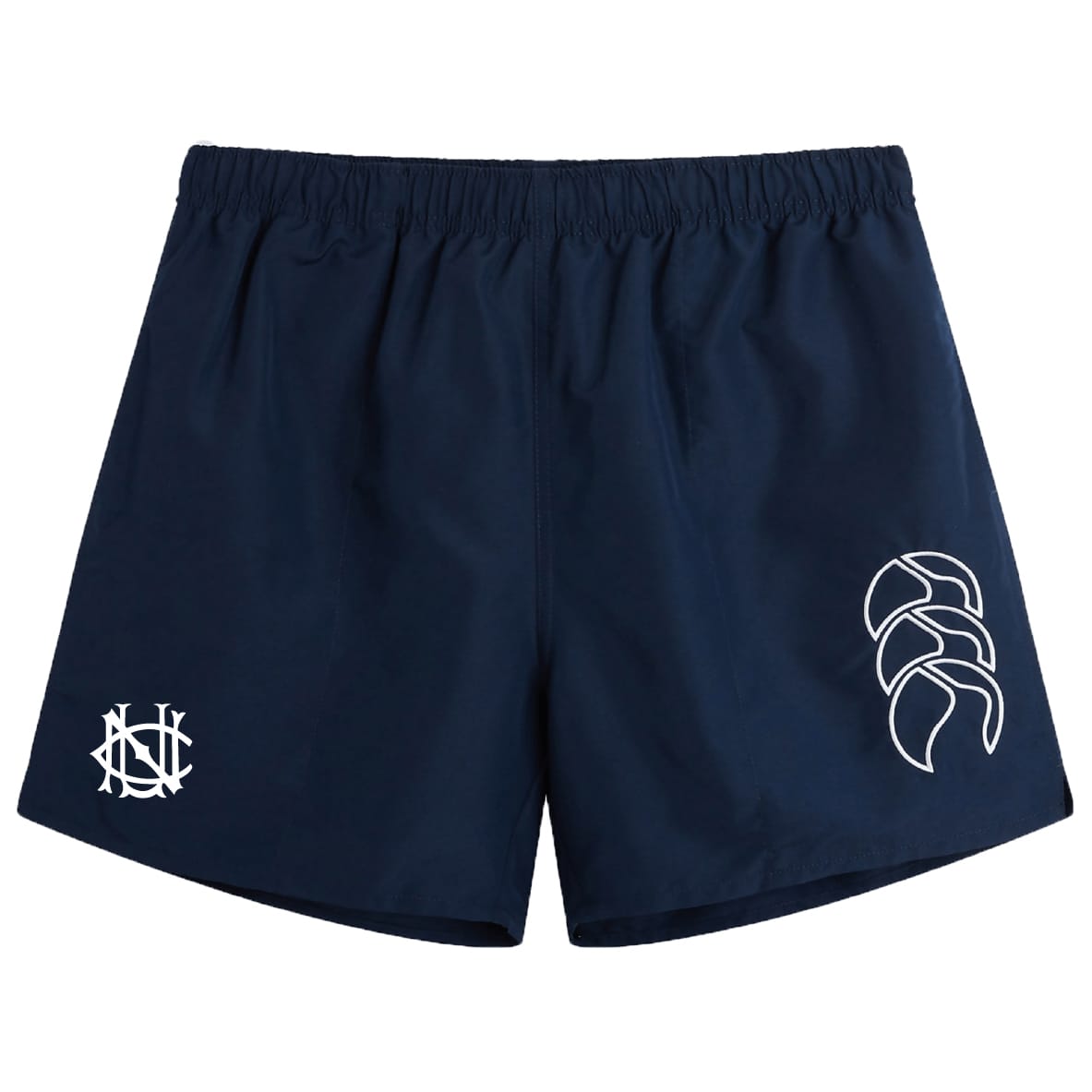 The EMB Canterbury UNC Rugby Tactic Short is a navy blue athletic gym short with an elastic waistband and two white logos on the front of each leg.