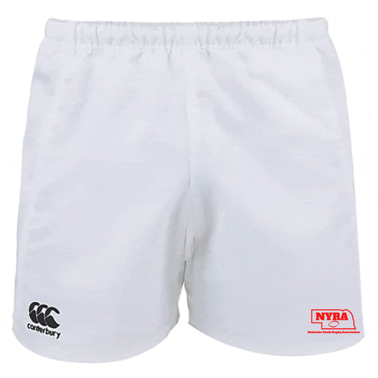 The EMB Canterbury Nebraska Youth Rugby Association Professional Polyester Rugby Short features an elastic waistband, side pockets, a black Canterbury logo on the left leg, and a red NYRA logo on the right leg for style and function.