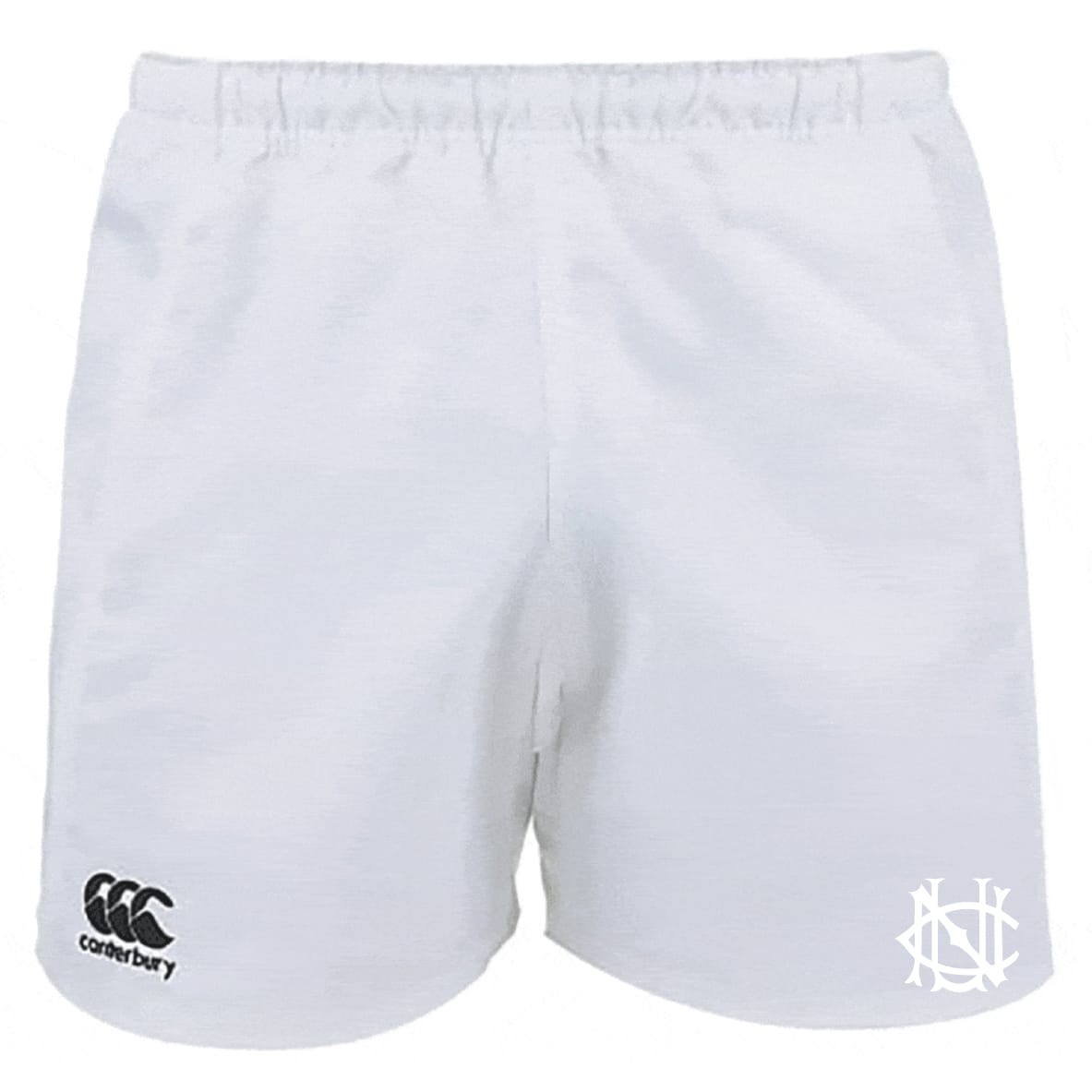 The UNC Rugby Professional Polyester Rugby Short by EMB Canterbury features an elastic waistband, Canterbury logo on the left leg, monogram on the right, and durable polyester—ideal for training or match day.