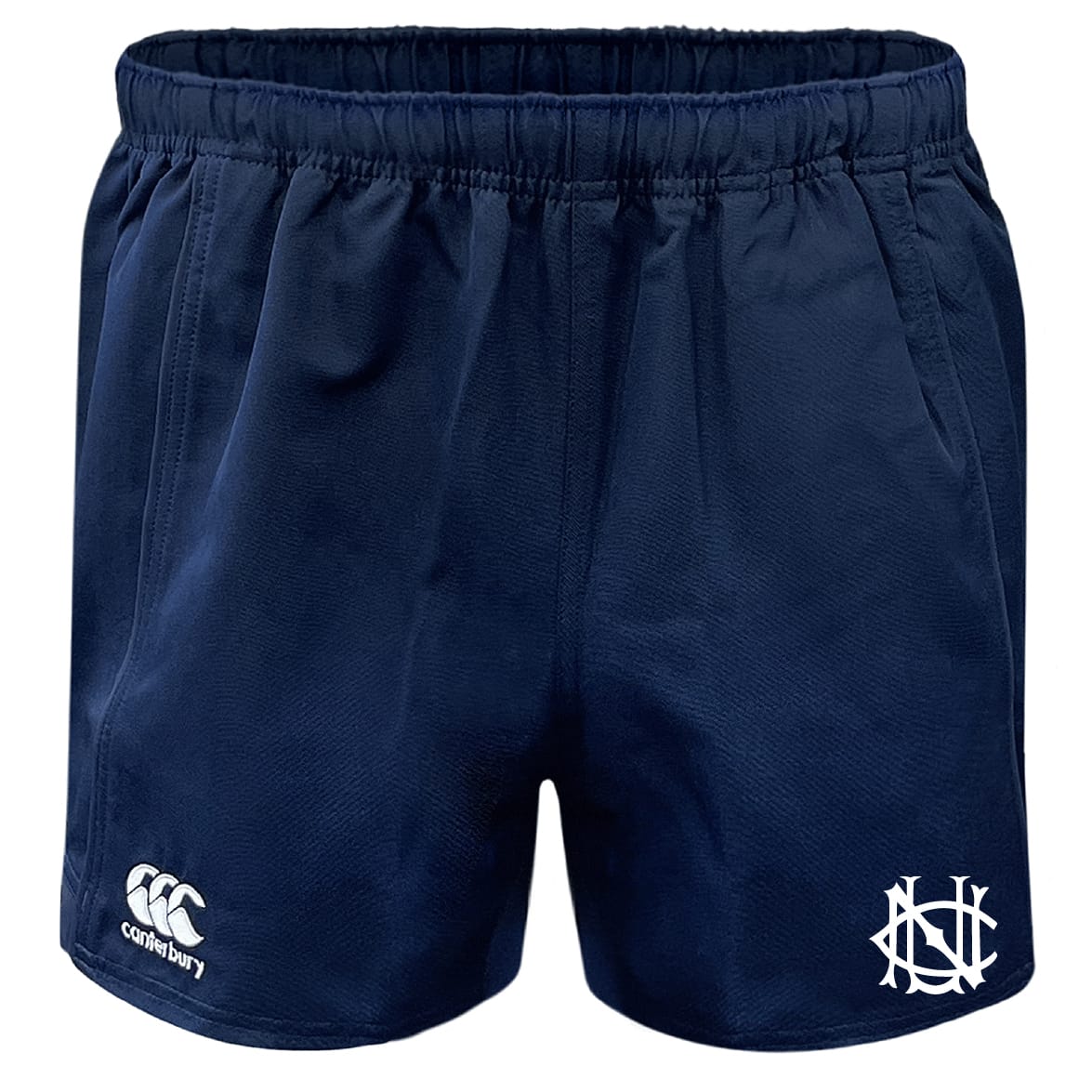 UNC Rugby Professional Polyester Rugby Short by EMB Canterbury in navy blue, featuring an elastic waistband, Canterbury logo on the left leg, and a white monogram on the right.