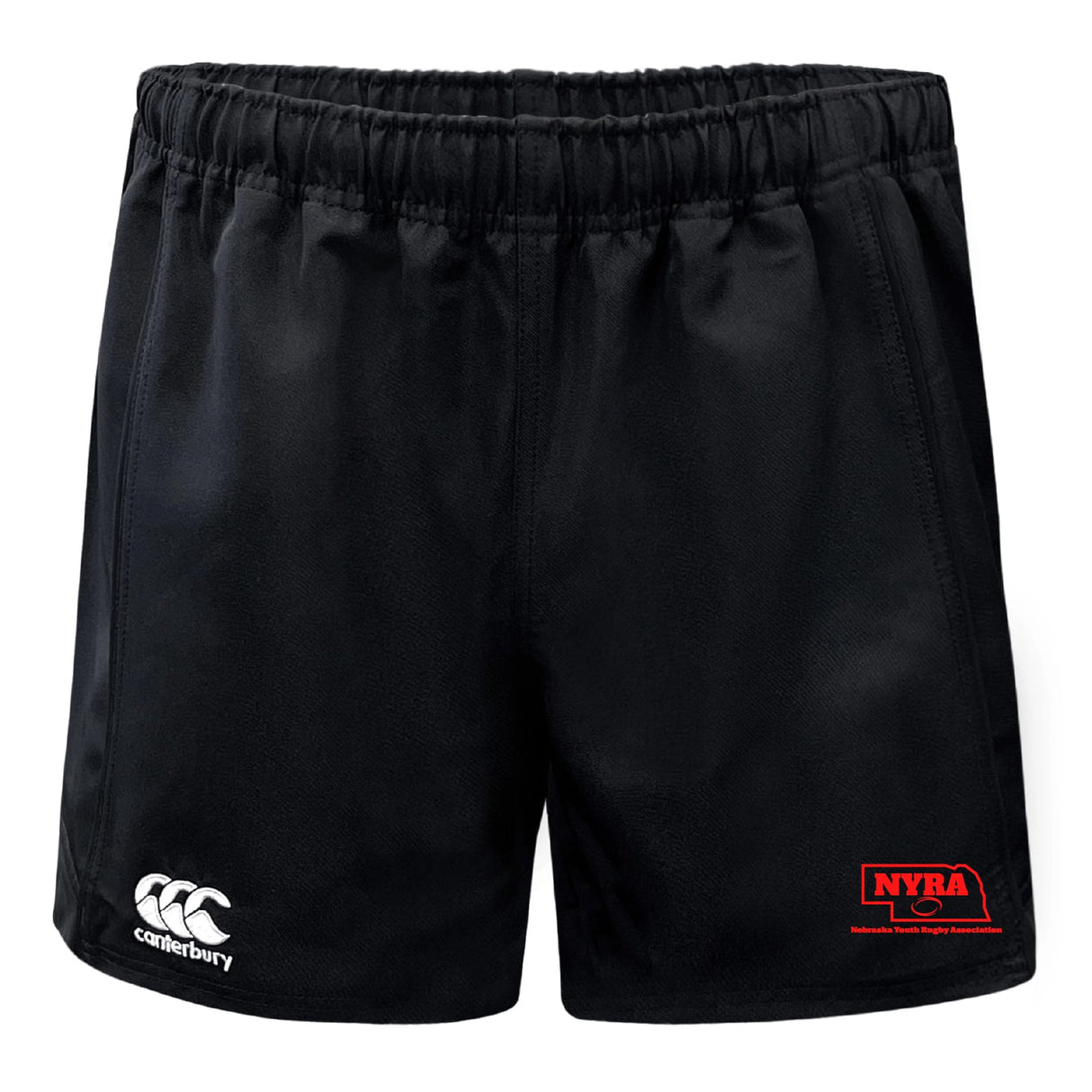 The Nebraska Youth Rugby Association Professional Polyester Rugby Short by EMB Canterbury features a black design, a white Canterbury logo on the left leg, and a red NYRA logo on the right leg.