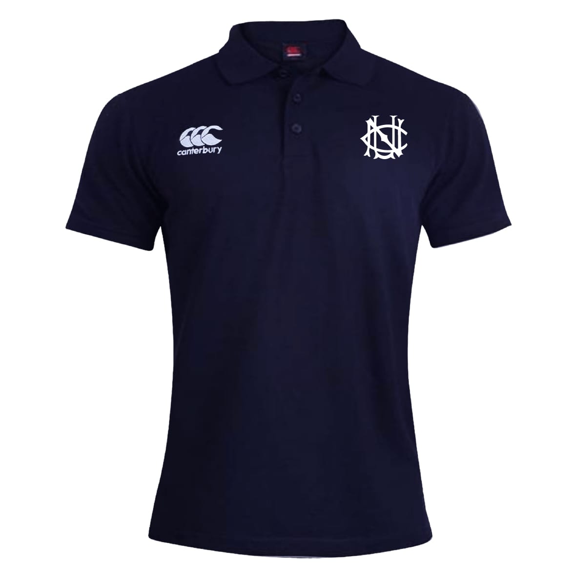 UNC Rugby Waimak Polo by EMB Canterbury: Navy blue short-sleeve polo with collar, featuring white Canterbury and UNC monogram logos on the chest.