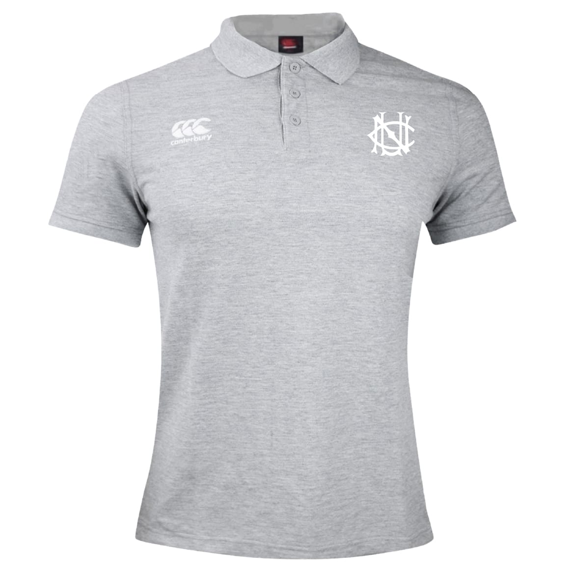 The UNC Rugby Waimak Polo by EMB Canterbury is a light grey, short-sleeve polo with a collar and white Canterbury logo emblems on the chest.