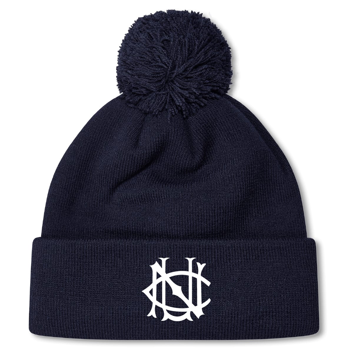 The UNC Rugby Pom Pom Beanie by EMB Canterbury is a navy fleece-lined beanie with a pom-pom and white interlocking letter logo on the folded brim.