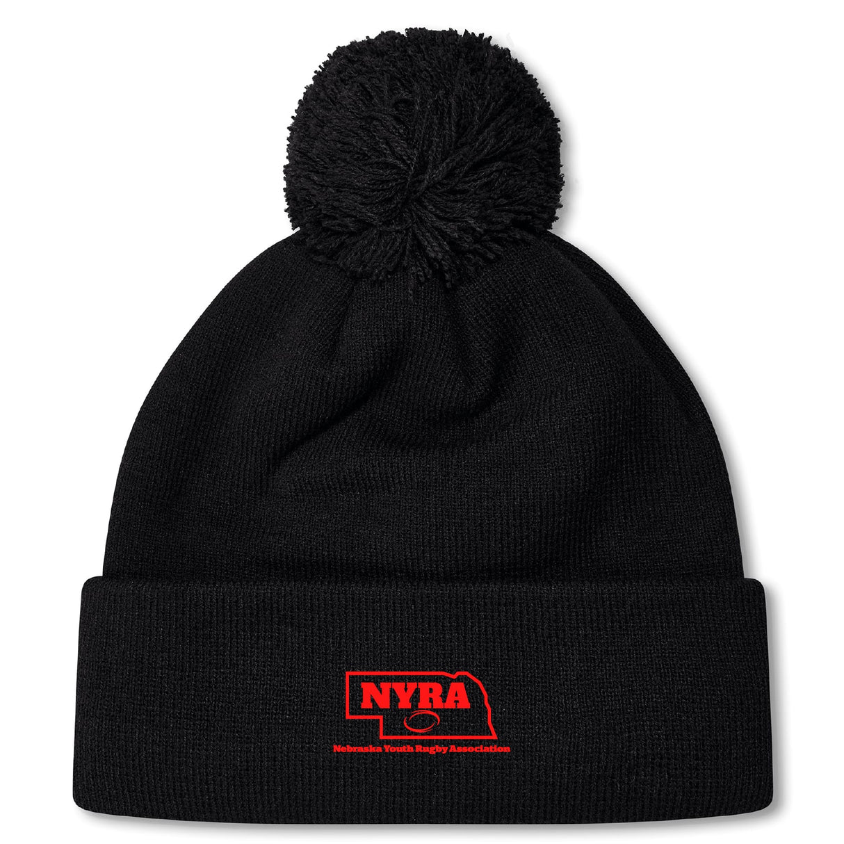 The Nebraska Youth Rugby Association Pom Pom Beanie by EMB Canterbury features a black knit design, cozy fleece lining, pom-pom top, and a red embroidered NYRA logo with a Nebraska outline on the folded brim.