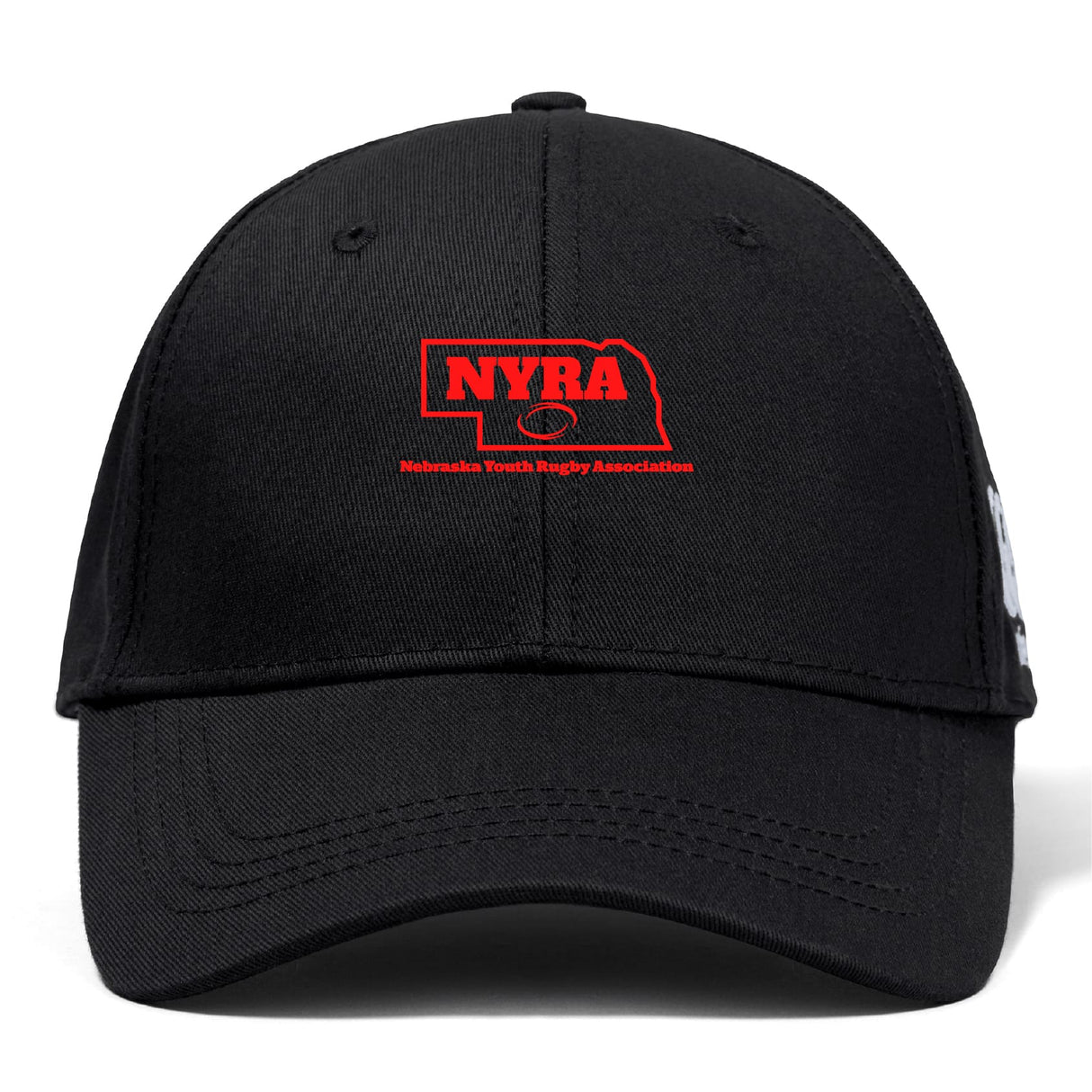 The Nebraska Youth Rugby Association Flexfit Drill Cap by EMB Canterbury is a black cap with a curved brim, featuring an embroidered red Nebraska outline, "NYRA" text, and a rugby ball logo on the front.