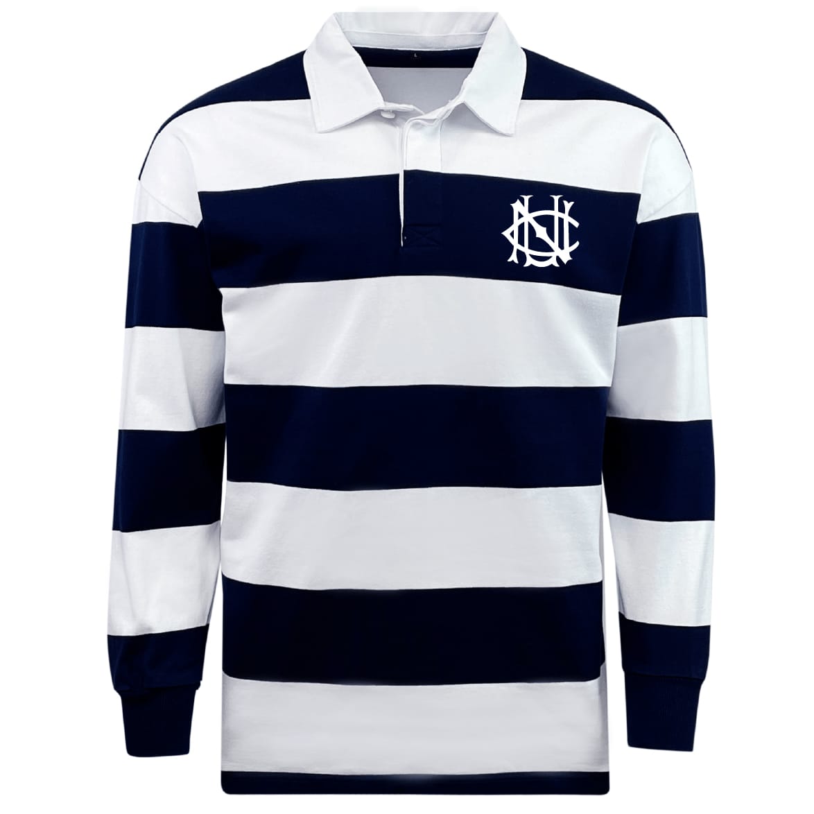 The EMB Mudoo UNC Rugby Classic Long Sleeve Hooped Rugby Jersey features wide navy and white stripes, a white collar, and a monogram logo on the left chest for a timeless look.