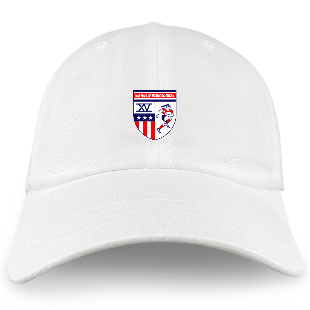 Show your team spirit with the Naperville Warriors Adult Low-Profile Cotton Twill Dad Cap by EMB S&S Activewear, featuring a colorful shield logo with stars, stripes, roman numeral XV, a rugby player, and "Nashville Warriors Rugby" text.