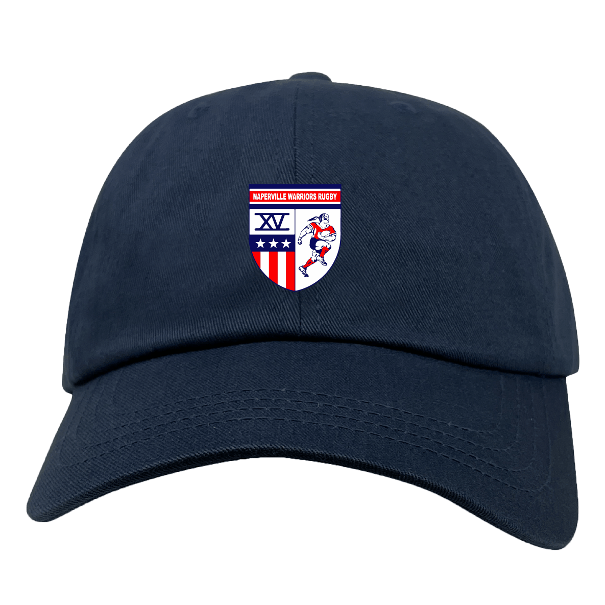 Support your team in the Naperville Warriors Adult Low-Profile Cotton Twill Dad Cap by EMB S&S Activewear, featuring the team logo on the front center in classic navy blue.