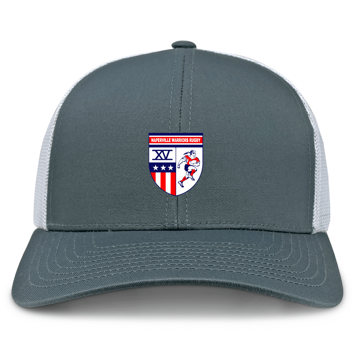 The Naperville Warriors Retro Trucker Cap by EMB S&S Activewear features a gray and white design with an embroidered rugby player, red and blue stripes, stars, "Naperville Warriors Rugby" text, and a snapback for adjustable fit.