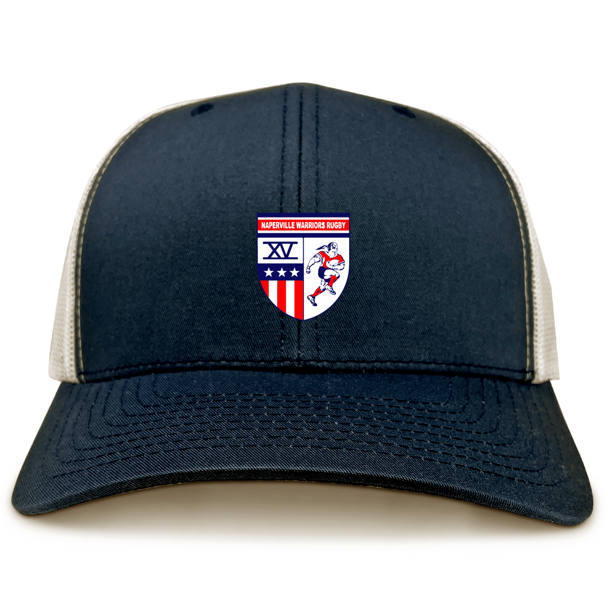 The Naperville Warriors Retro Trucker Cap by EMB S&S Activewear features a navy blue and beige design, an embroidered team logo on the front, and a snapback closure for adjustable comfort.