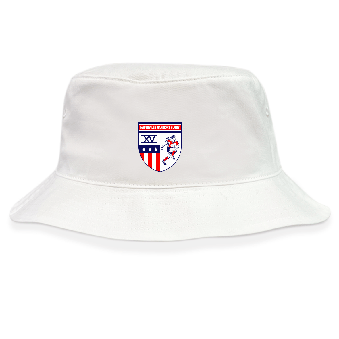 The EMB S&S Activewear Naperville Warriors Crusher Bucket Cap is made from cotton twill and features a colorful embroidered patch with a shield, stars, stripes, and running figure for stylish sun protection.