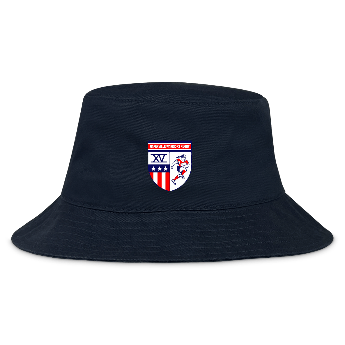 The Naperville Warriors Crusher Bucket Cap by EMB S&S Activewear is made of durable black cotton twill and showcases a vibrant rugby-themed crest with stars, stripes, and a player emblem on the front for style and sun protection.