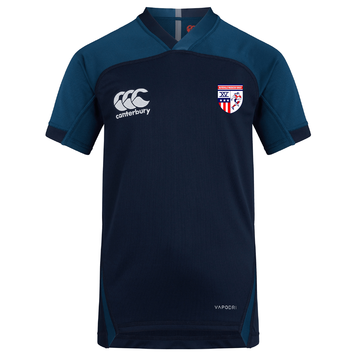 The Naperville Warriors Vapodri Evader Jersey by EMB Canterbury features navy blue and teal colors, a VapoDri moisture-wicking finish, Canterbury logo on the right chest, crest patch on the left chest, and short sleeves.