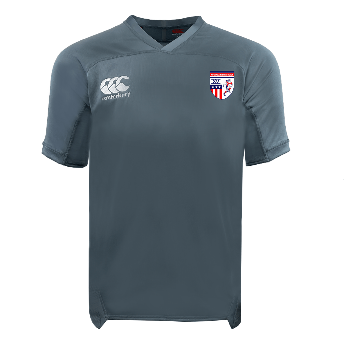 The Naperville Warriors Vapodri Evader Jersey by EMB Canterbury is a gray short-sleeve top with a right-chest Canterbury logo and a stars-and-stripes crest, crafted with moisture-wicking Vapodri technology for comfort.