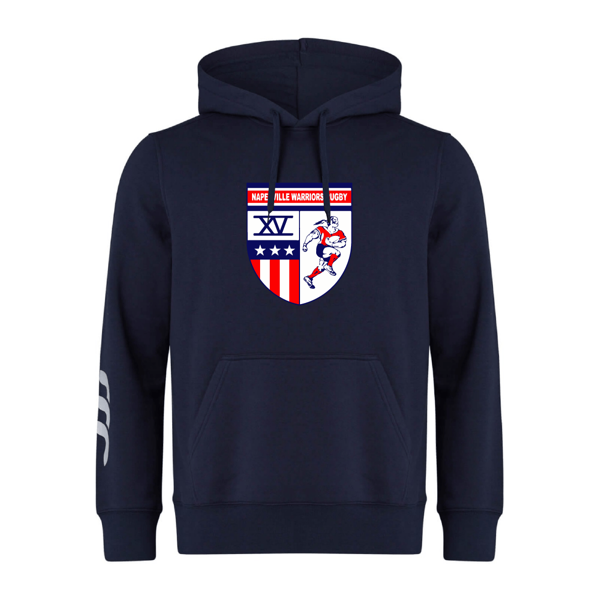 The Naperville Warriors Club Hoodie by Canterbury (WRS Canterbury) is a navy blue hoodie with a crest featuring "Naperville Warriors Rugby," a rugby player, stars, and stripes; white striping on the right sleeve. Soft sweatshirt fleece, optional customization.