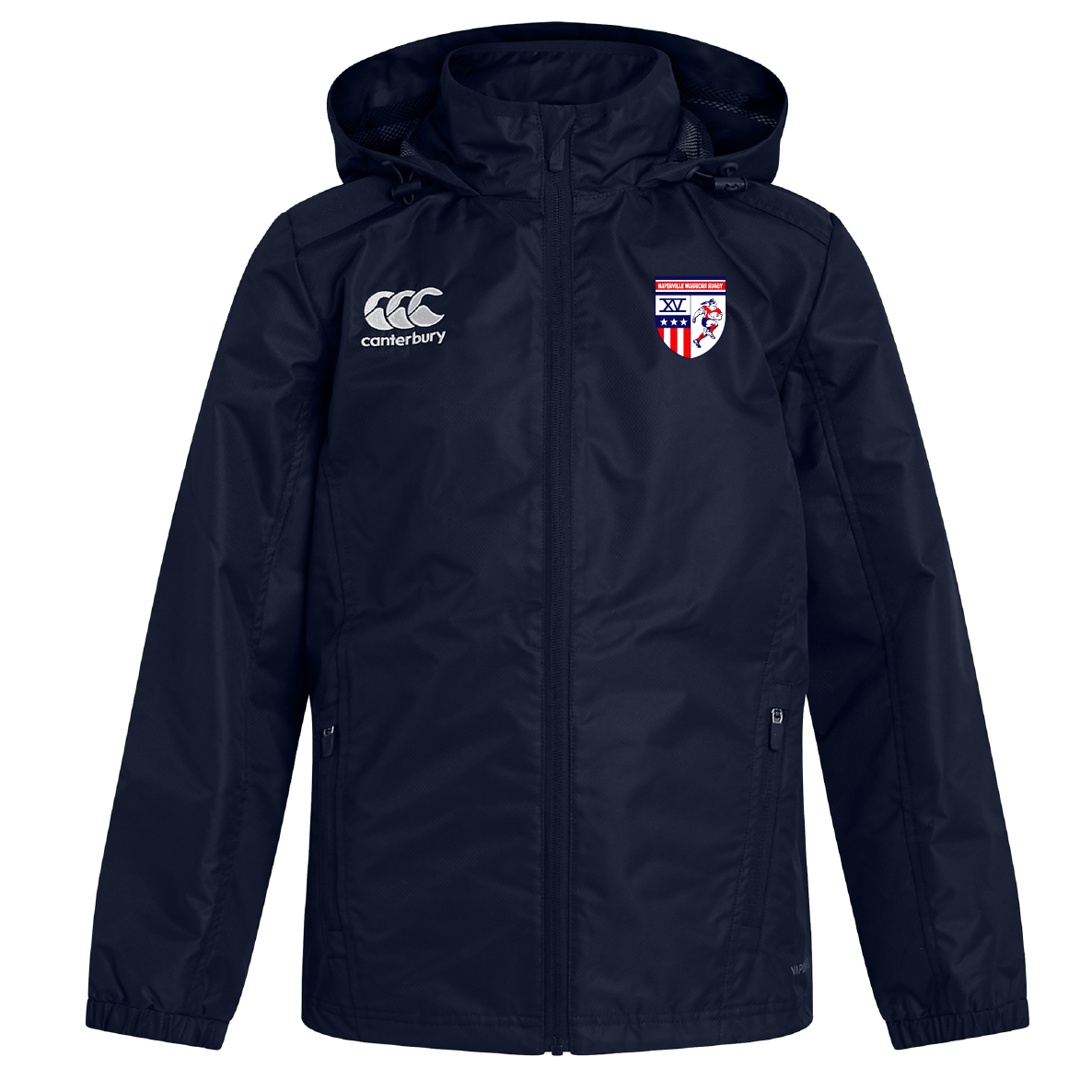 The Naperville Warriors Club Vaposhield Stadium Jacket by EMB Canterbury is a navy blue rugby jacket featuring a front zipper, Canterbury logo on the right chest, club crest with stripes and stars on the left, and VapoShield water-repellent technology.
